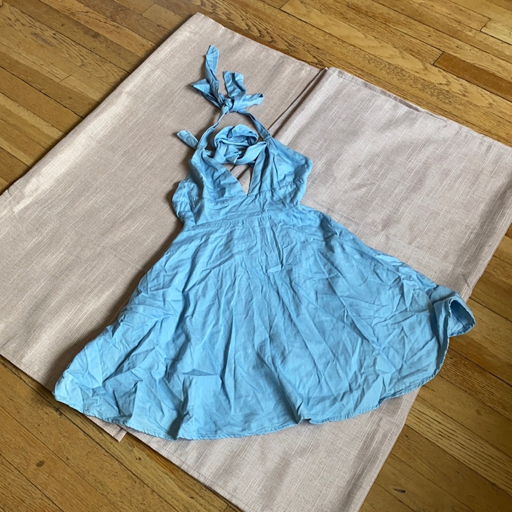 I’m Smitten Blue Chambray Halter Lulu’s mini Dress